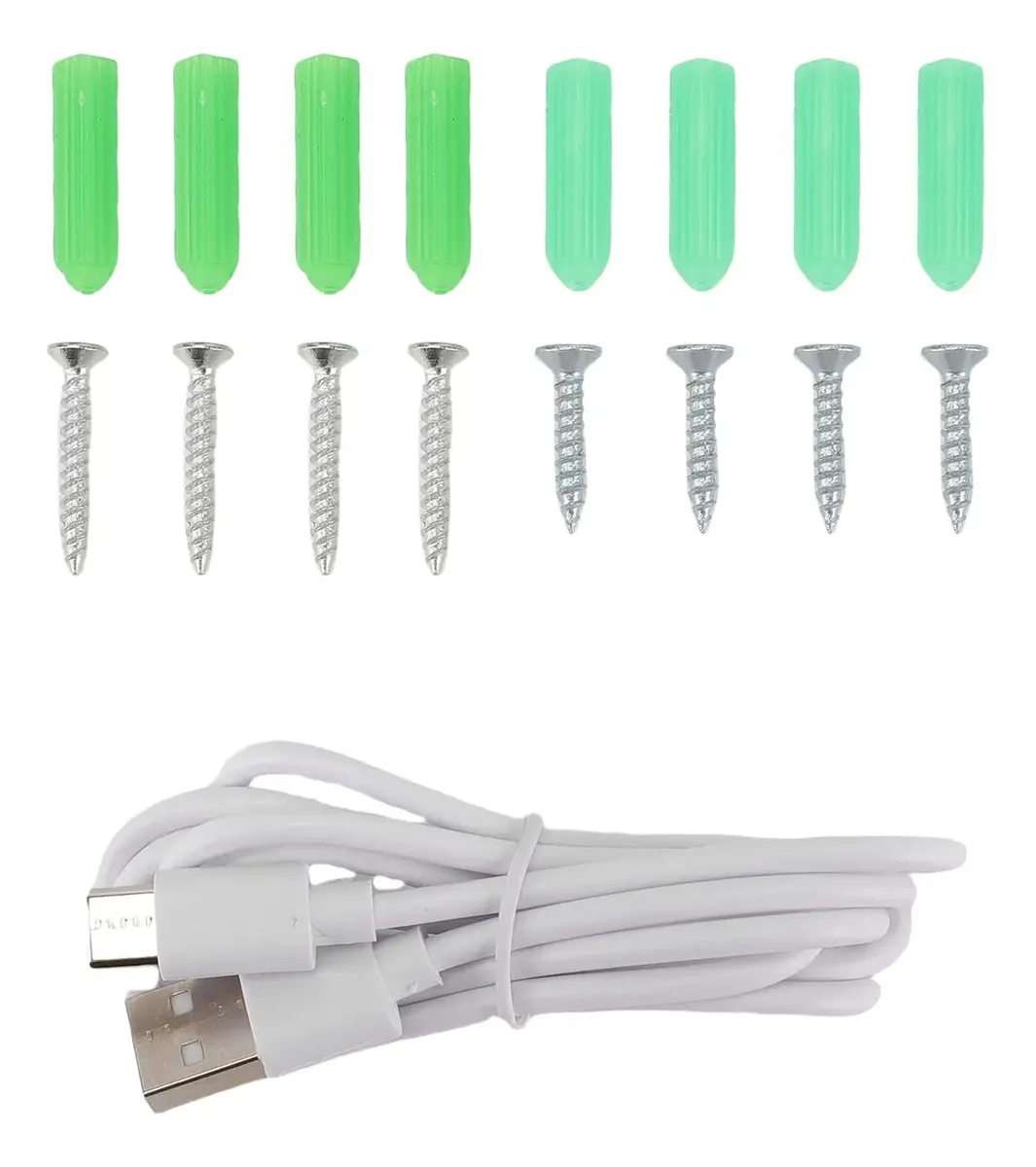 Buchas, parafusos e cabo USB que acompanham o produto