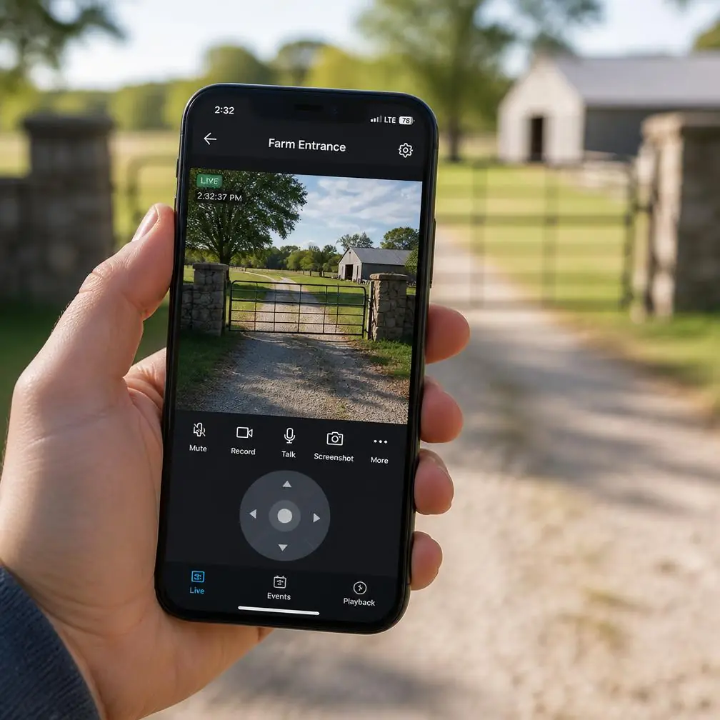 Smartphone exibindo a câmera solar instalada em uma propriedade